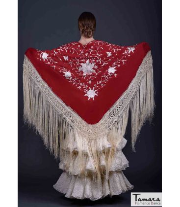 square embroidered manila shawl by order - - Manila Shawl Beige fringes - Beige Embroidered