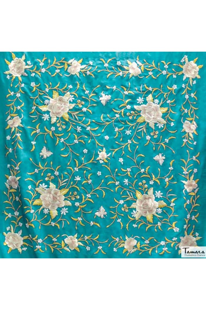 Square Embroidered Manila Shawl model Manila Shawl Beige fringes - Earth and gold Tones Embroidered Light Blue