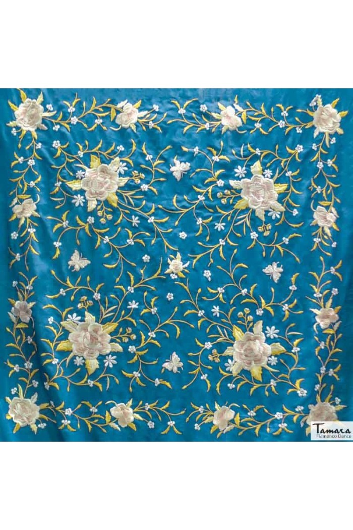 Châle Manille brodé Carré modèle Châle Manille Franges Beiges - Brodé Tons terreux et or Bleu canard