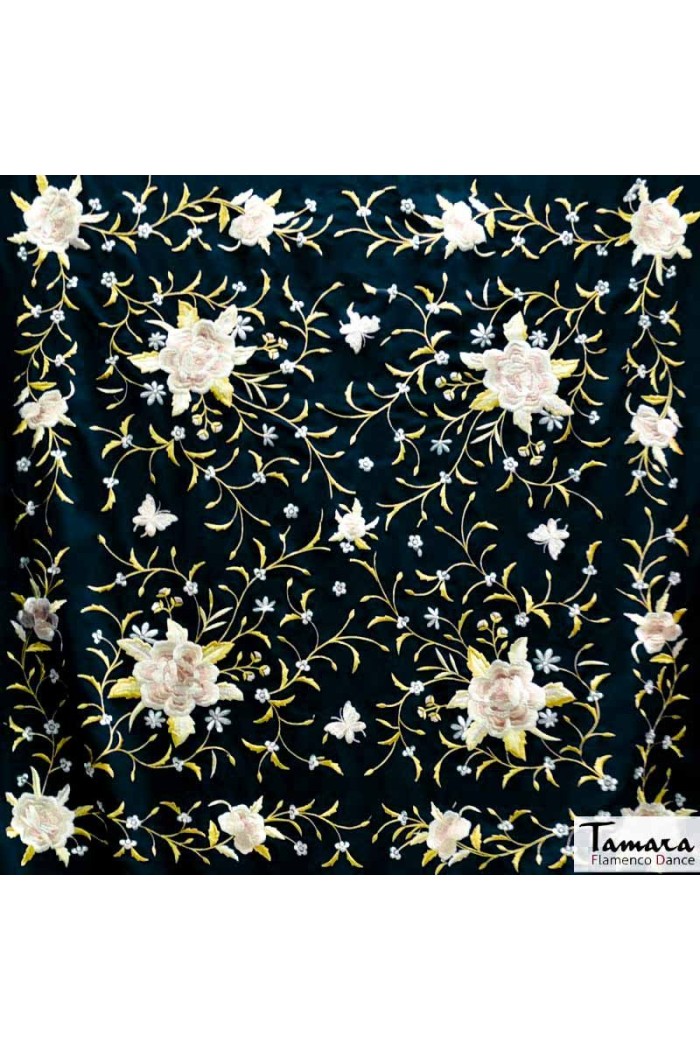 Manton Manila Bordado Cuadrado modelo Manton de Manila Primaveral Fleco beige - Bordado Tonos tierra y oro Celeste