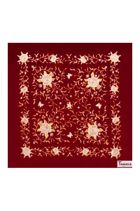  Square Embroidered Manila Shawl model Manila Shawl Beige fringes - Earth and gold Tones Embroidered Bordeaux
