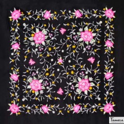 Châle Manille brodé Carré modèle Châle Printemps Manille - Broderie nuances fuchsia Noir