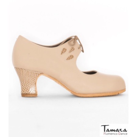 Chaussures professionnelles de flamenco Tamara modèle Chaussures de flamenco Fandango - Camel - Cuir avec détails en peau de serpent - Même matériau et couleur - Carrete 6cm - Largeur Spécial Camel