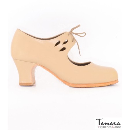 Chaussures professionnelles de flamenco Tamara modèle Chaussures de flamenco Fandango - Camel - Cuir - Même matériau et couleur - Carrete 6cm - Largeur Spécial Camel