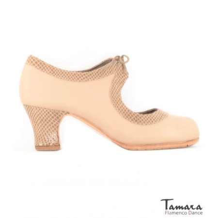 Chaussures professionnelles de flamenco Tamara modèle Chaussures de flamenco Tiento - Camel - Cuir avec détails en peau de serpent - Même matériau et couleur - Carrete 6cm - Largeur Spécial Camel