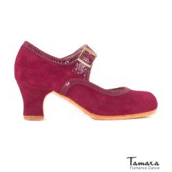 Chaussures professionnelles de flamenco Tamara modèle Chaussures de flamenco Triana - Bordeaux - Daim avec détails en peau de serpent - Même matériau et couleur - Carrete 6cm - Largeur Spécial Bordeaux