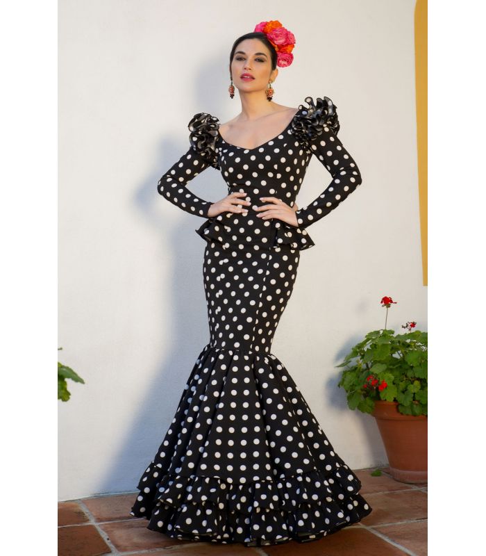 Vestido de Flamenca / Sevillana para Mujer Color Negro y Coral con Lunares