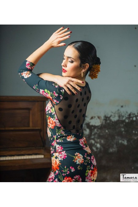 Maillot, body et haut de flamenco FEMME modèle Body Elqui - Tricot élastique Empreinte Imprimé floral coloré