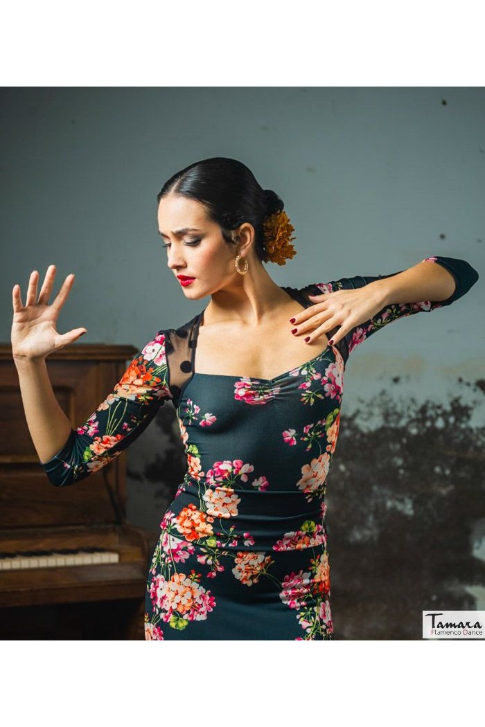 Maillot, body et haut de flamenco FEMME modèle Body Elqui - Tricot élastique Empreinte Imprimé floral coloré