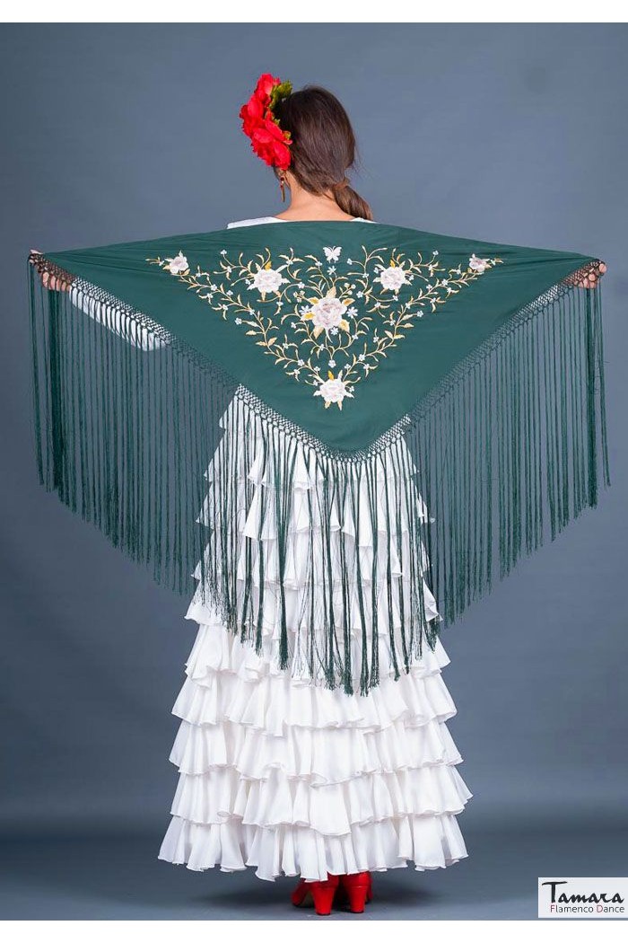 Châle flamenco brodé modèle Châle Florencia - Broderie Terre et or Vert mousse