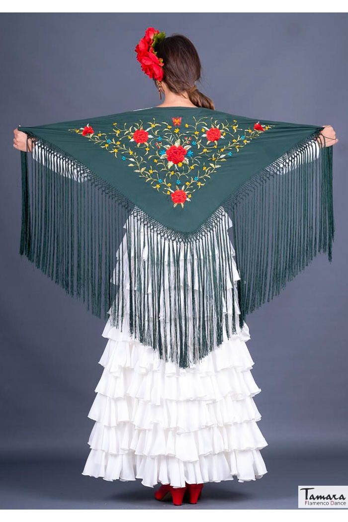  Embroidered flamenco shawl model Florencia Shawl - Multicolor Embroidered Dark Green