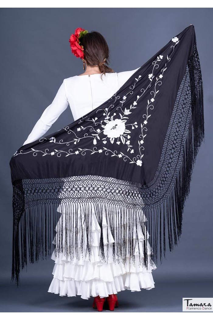  Triangular Embroidered Manila Shawl - IN STOCK model Roma Shawl - White Embroidered Black