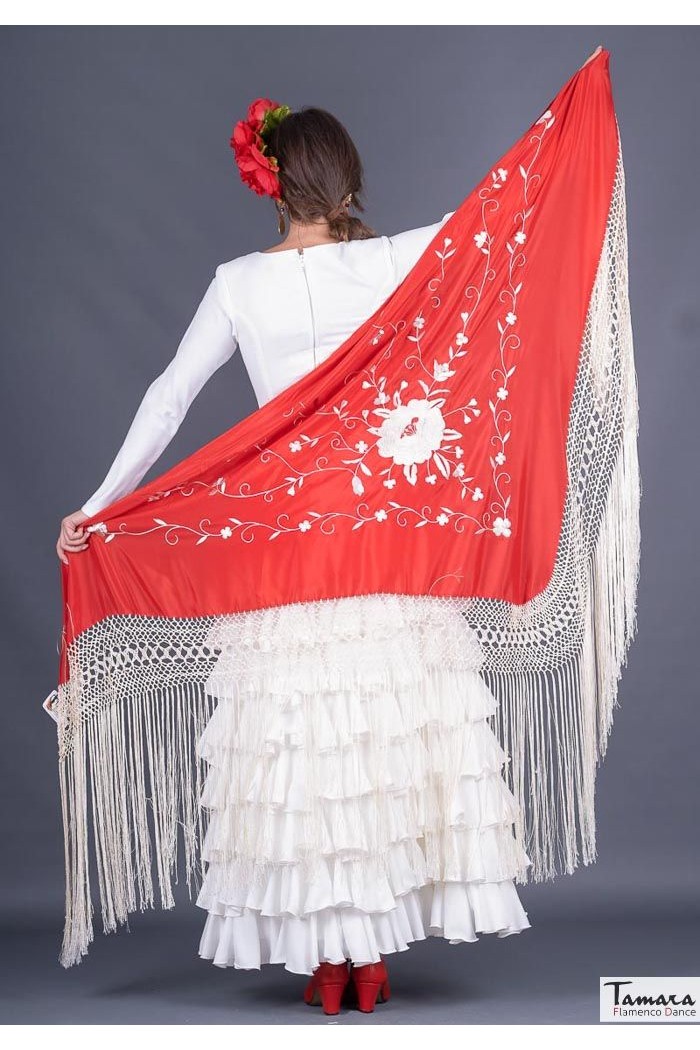 Châle Manille brodé triangulaire - EN STOCK modèle Châle Roma Frange Ivoire - Brodé Ivoire eau de mer 