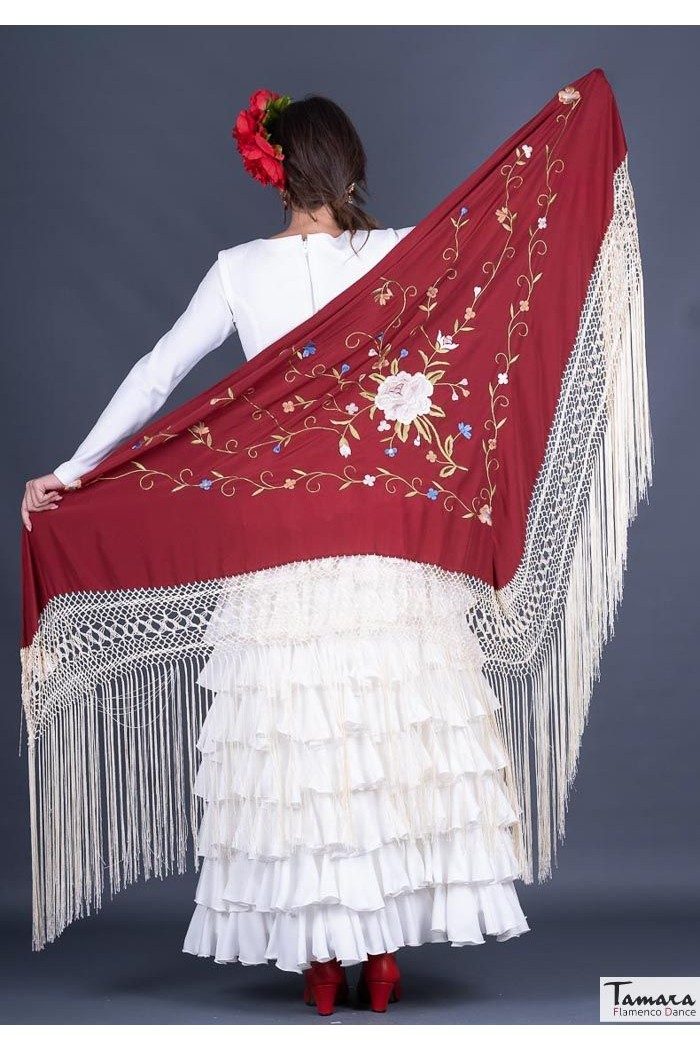  Triangular Embroidered Manila Shawl - IN STOCK model Roma Shawl Ivory Fringe - Earth tons Embroidered Black