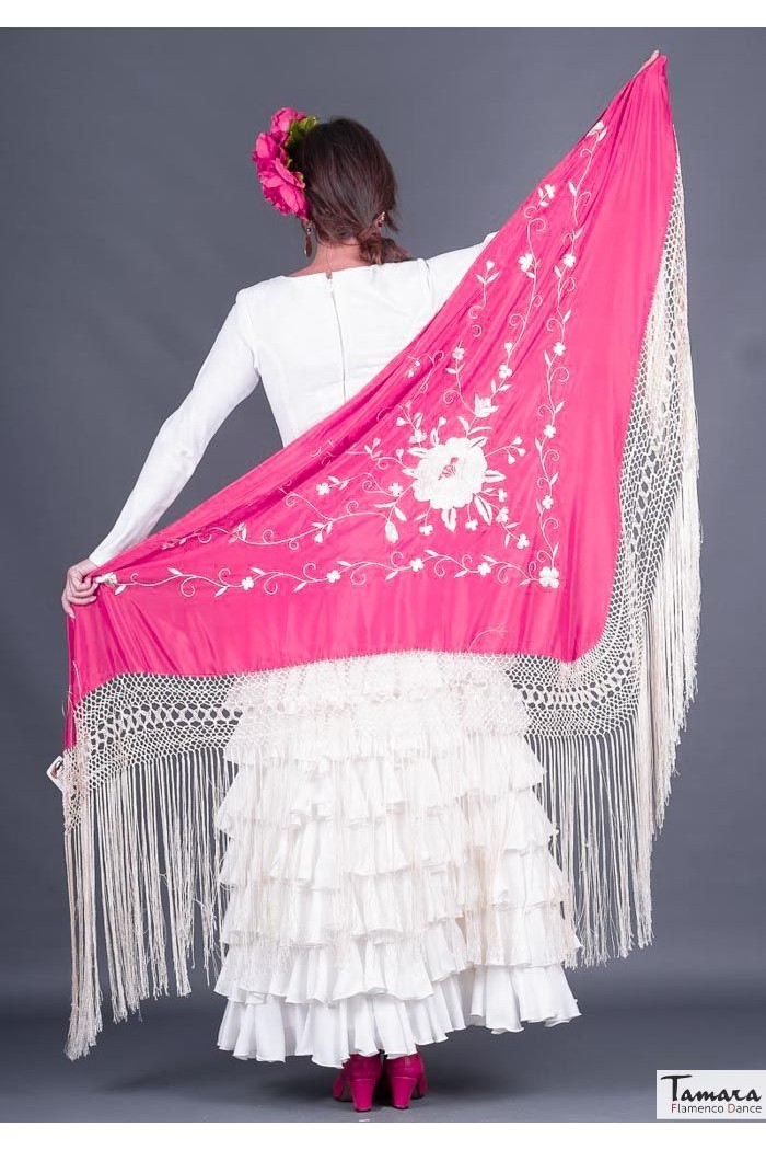  Triangular Embroidered Manila Shawl - IN STOCK model Roma Shawl Ivory Fringe - Ivory Embroidered Pink