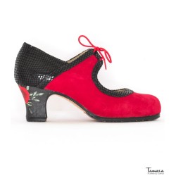 Zapatos de flamenco Profesionales Tamara modelo Zapatos de flamenco Rumba Tacon Decorado - negro-rojo - Ante y Serpiente - Impresión: Claveles rojos fondo negro - Carrete 6cm - Ancho especial negro-rojo