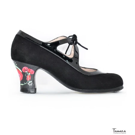 Zapatos de flamenco Profesionales modelo Zapatos de flamenco Candor - Negro - Ante y charol - Pintado a mano: Casilda Rojo y negro - Carrete 6cm - Normal Negro