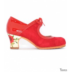 Chaussures professionnelles de flamenco Tamara modèle Chaussures de flamenco Rumba Talon Décoré - Rouge - Daim et cuir verni - Impression : Oeillets rouges - Carrete 6cm - Largeur Spécial Rouge
