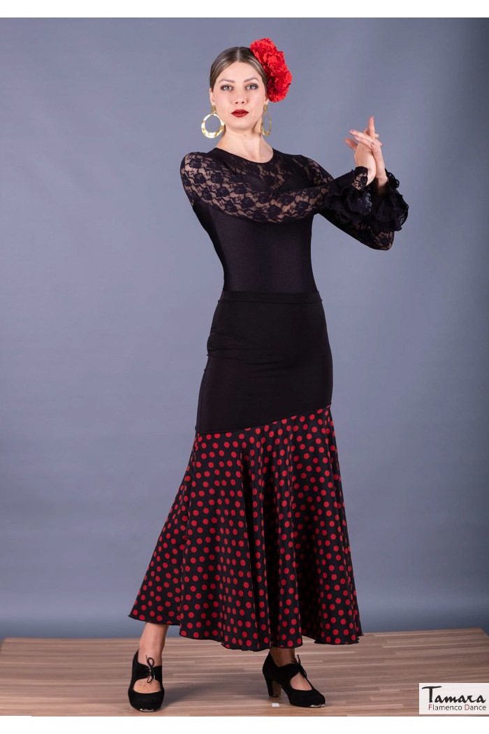 Faldas flamencas MUJER modelo Falda flamenco Granada Lunar Mediano - Viscosa y Koshivo Negro lunares rojos