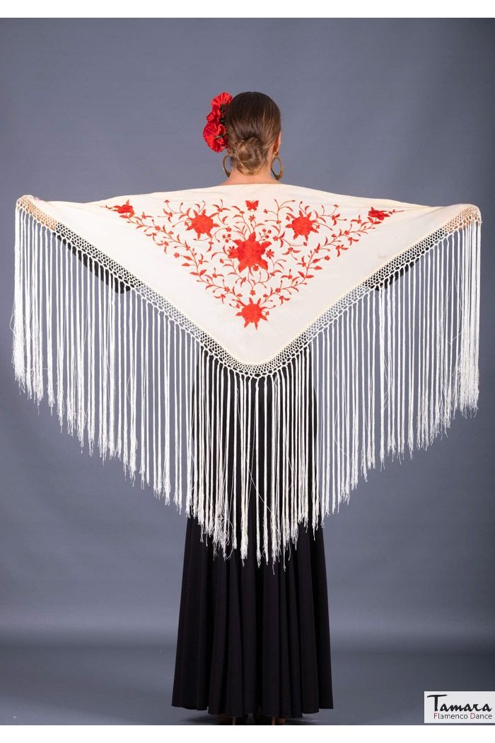 Châle flamenco brodé modèle Châle Florencia - Brodé rouge Beige