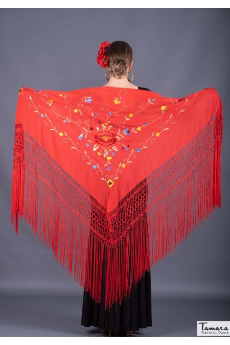  Triangular Embroidered Manila Shawl - IN STOCK model Roma Shawl - Multicolor Red Embroidered Red
