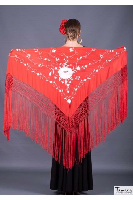  Triangular Embroidered Manila Shawl - IN STOCK model Roma Shawl - White Embroidered Red