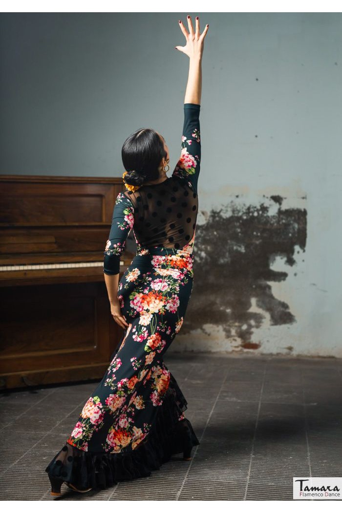 Maillot, body et haut de flamenco FEMME modèle Body Elqui - Tricot élastique Empreinte Imprimé floral coloré