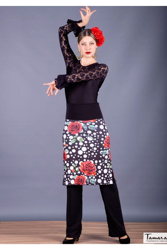  Flamenco skirts WOMAN model Flamenco skirt Huelva - Elastic Knited Black-white flower