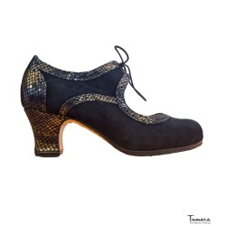 Chaussures professionnelles de flamenco Tamara modèle Chaussures de flamenco Triana - Diseño 01 - Daim avec détails en peau de serpent - Même matériau et couleur - Carrete 6cm - Largeur Spécial Diseño 01