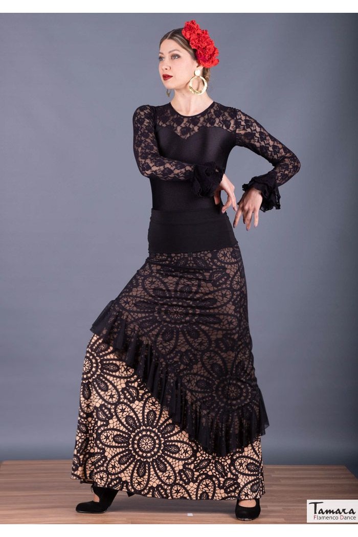 Jupes flamenco FEMME modèle Jupe flamenco Jupe Carmencita - Tricot élastique imprimé Beig estampillé