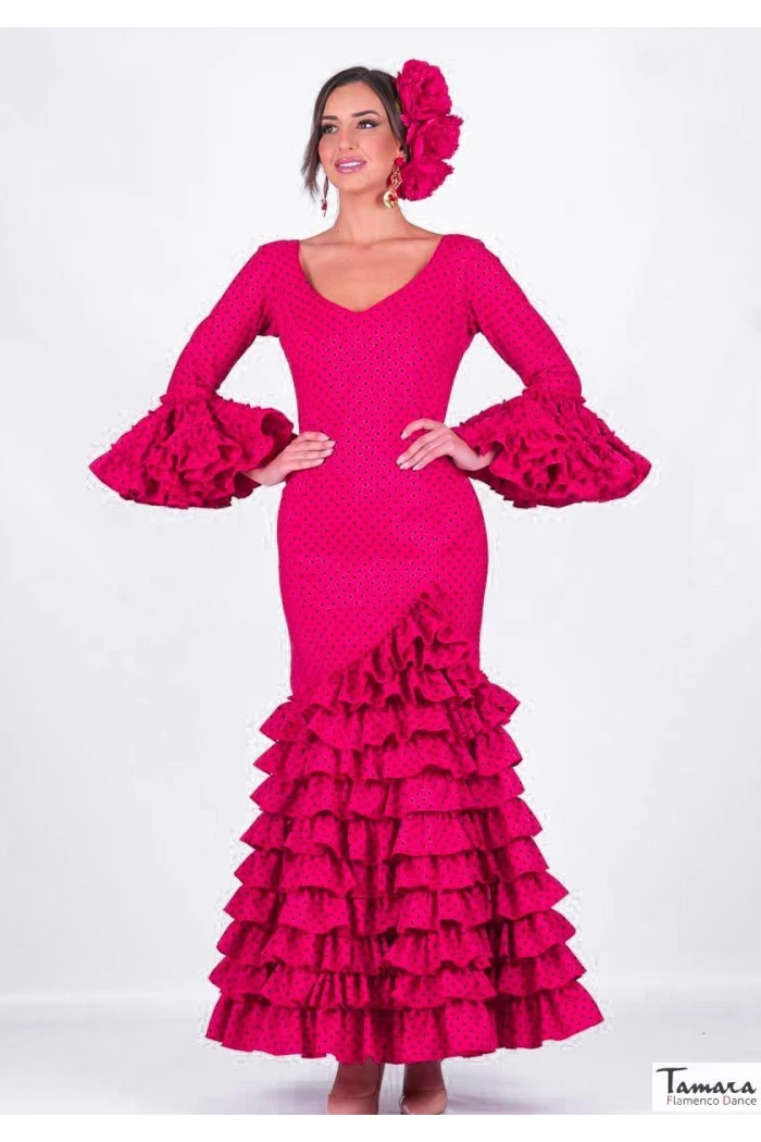 Aires de Feria Flamenco Dresses 2025 model Flamenco dress Clavellina Fuxia black polka dot 