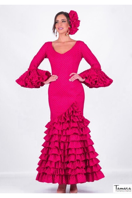 Aires de Feria Flamenco Dresses 2025 model Flamenco dress Clavellina Fuxia black polka dot 