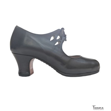 Chaussures professionnelles de flamenco Tamara modèle Chaussures de flamenco Jaleo - Noir - Cuir - Même matériau et couleur - Carrete 6cm - Largeur Spécial Noir