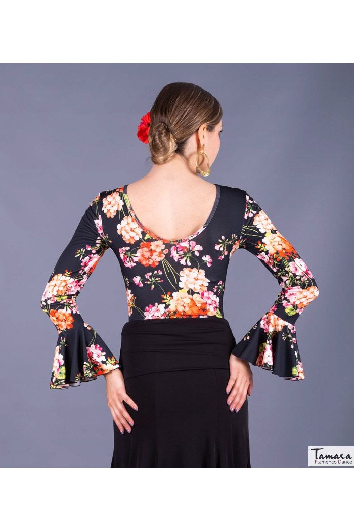 Maillot, body et haut de flamenco FEMME modèle Body Celia - Tricot élastique Empreinte Imprimé floral rouge-fuxia