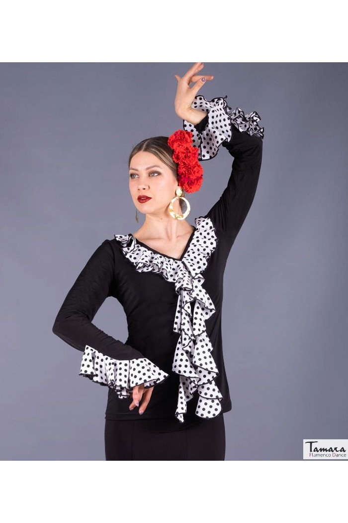  Body/Camiseta flamenca MUJER model Tarifa Polka dots T-shirt - Viscose and crep White black polka dots