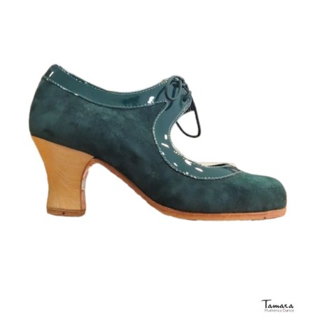 Chaussures professionnelles de flamenco Tamara modèle Chaussures de flamenco Tiento - Vert Foncé - Daim et cuir verni - Bois - Carrete 6cm - Largeur Spécial Vert Foncé