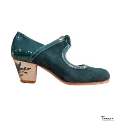 Zapatos de flamenco Profesionales Tamara modelo Zapatos de flamenco Rumba Tacon Decorado - Verde Botella - Ante y charol - Impresión: Claveles verdes - Cubano 5 cm - Ancho especial Verde Botella