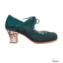 Chaussures professionnelles de flamenco Tamara modèle Chaussures de flamenco Rumba Talon Décoré - Vert Foncé - Daim et cuir verni - Impression : Œillets verts - Carrete 6cm - Largeur Spécial Vert Foncé 