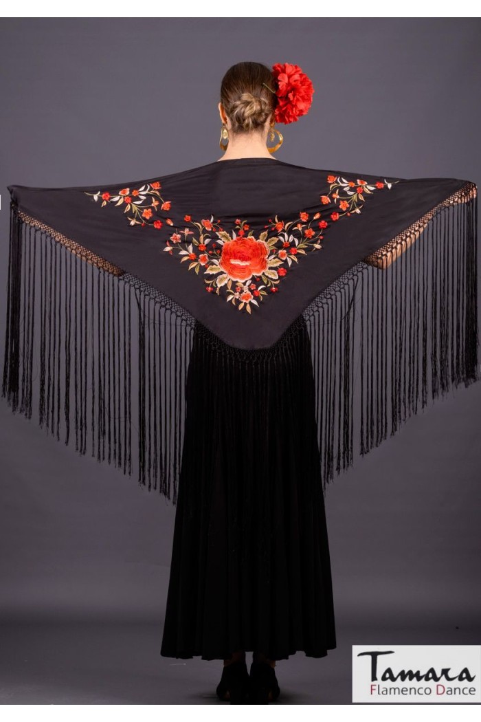 Châle flamenco brodé modèle Châle Toscana - Broderie en tons corail Noir