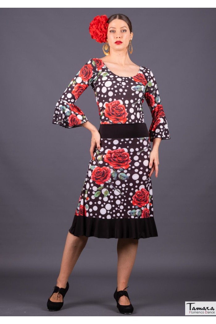 Jupes flamenco FEMME modèle Jupe flamenco Pampaneira - Tricot élastique Fleur noir-blanc