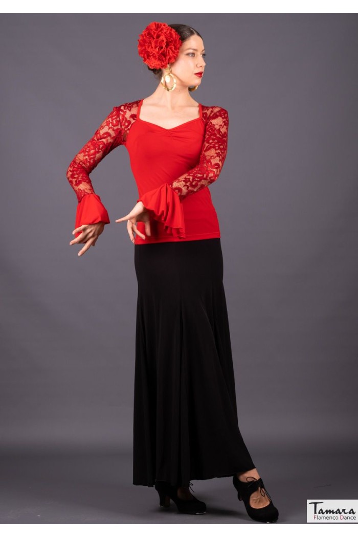 Body/Camiseta flamenca MUJER modelo Camiseta Málaga - Punto elástico liso y encaje Verde Botella