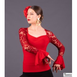 Maillot, body et haut de flamenco FEMME modèle Málaga T-shirt - Tricot élastique uni et dentelle Noir