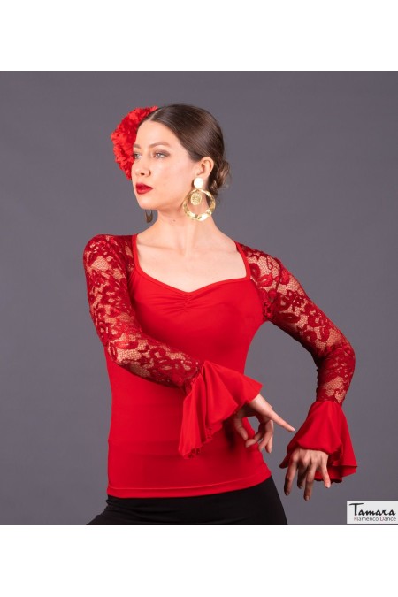 Body/Camiseta flamenca MUJER modelo Camiseta Málaga - Punto elástico liso y encaje Negro