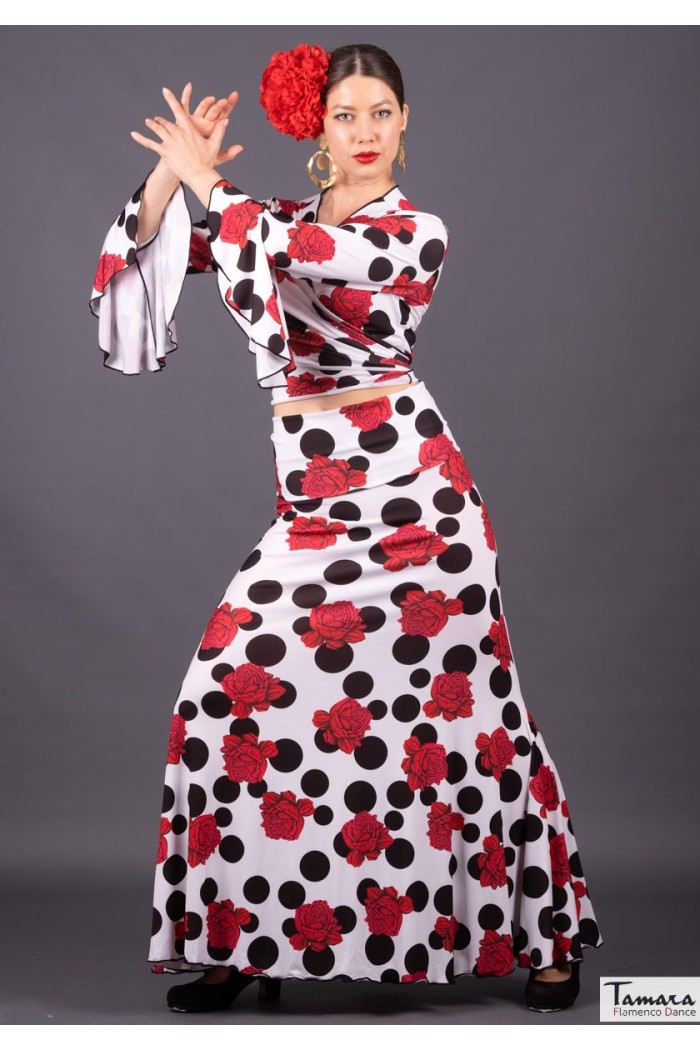  Flamenco skirts WOMAN model Flamenco skirt Tablao - Elastic knitted Roses White black polka dots
