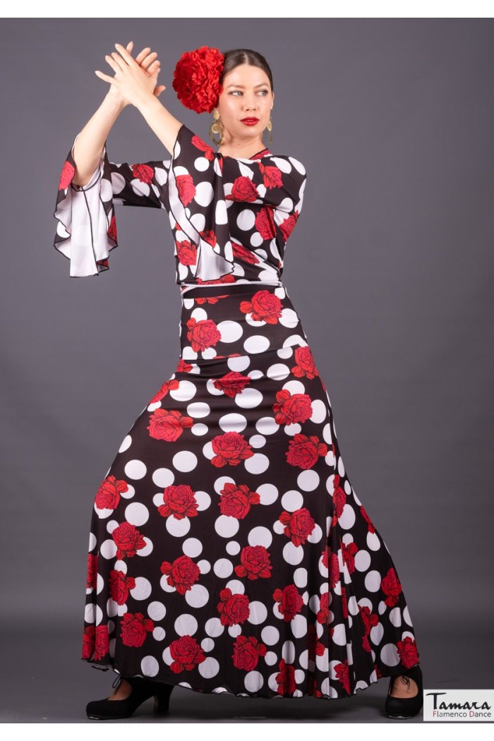  Flamenco skirts WOMAN model Flamenco skirt Tablao - Elastic knitted Roses Black with white polka dots