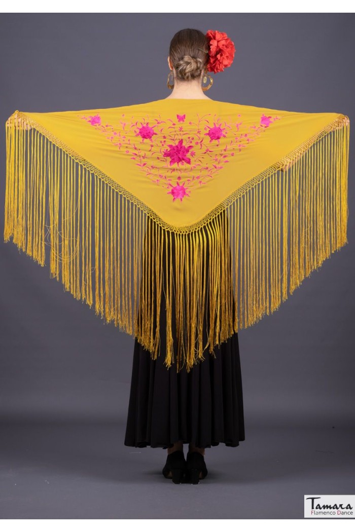  Embroidered flamenco shawl model Florencia Shawl - Fuxia Embroidered Mustard