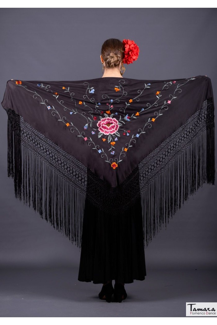 Châle Manille brodé triangulaire - EN STOCK modèle Châle Roma - Broderie tons rose/bordeaux Rose poudré