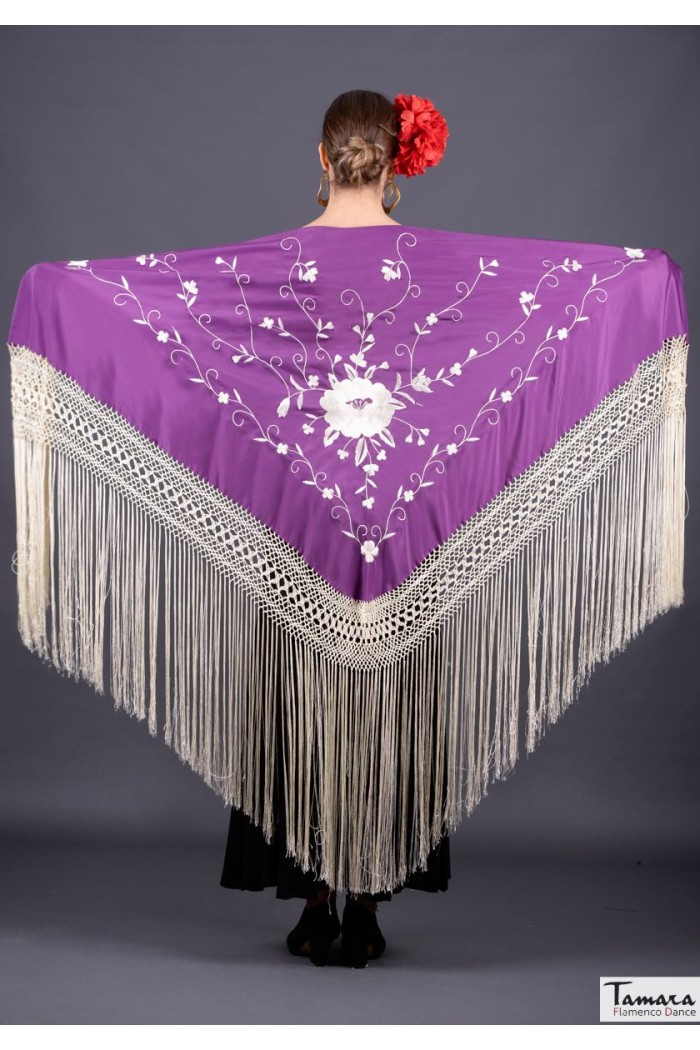  Triangular Embroidered Manila Shawl - IN STOCK model Roma Shawl Ivory Fringe - Ivory Embroidered Pink