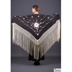 Châle Manille brodé triangulaire - EN STOCK modèle Châle Roma Frange Ivoire - Brodé Ivoire Noir