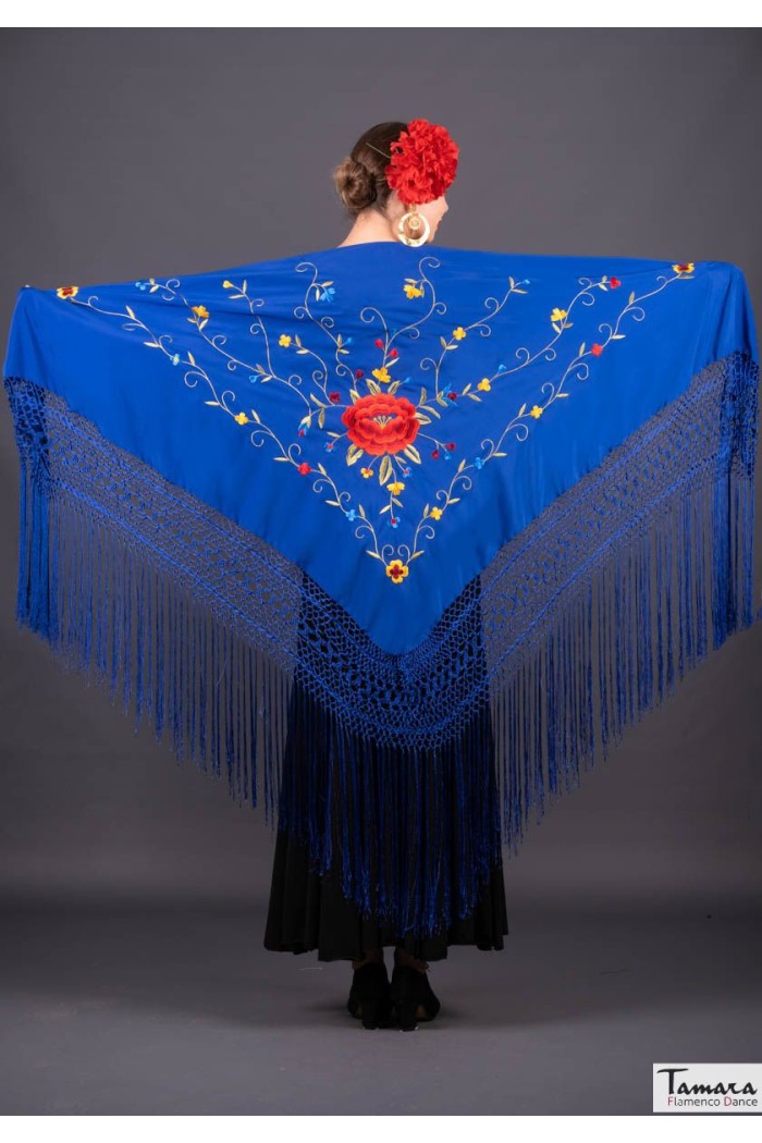  Triangular Embroidered Manila Shawl - IN STOCK model Roma Shawl - Multicolor Red Embroidered Light Blue